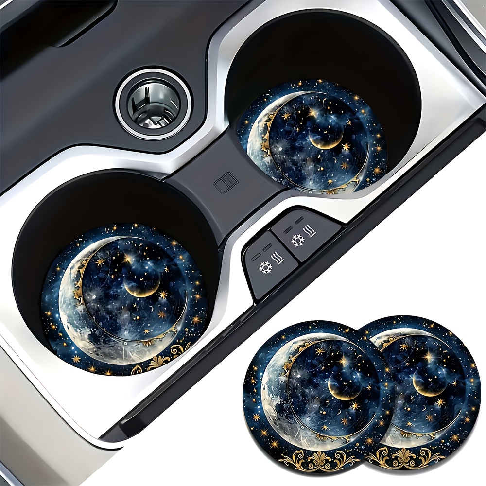 Car Accessories For Women - 2 ชิ้น ที่รองแก้วในรถยนต์ลายดวงดาวและพระจันทร์ - ที่วางแก้วกันลื่น ทนทาน