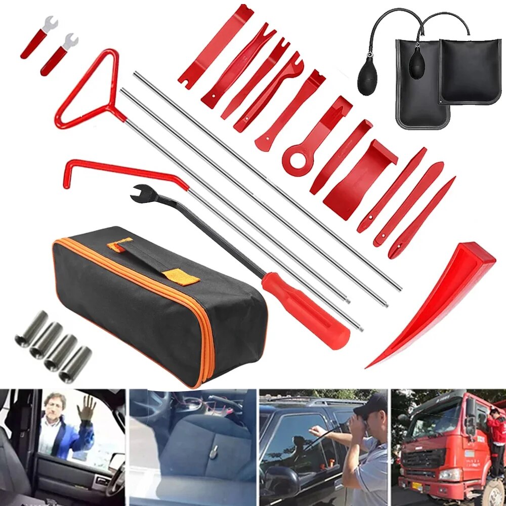 Car Emergency Tool Kit - ชุดเครื่องมือช่างกุญแจสำหรับเปิดประตูฉุกเฉิน ประกอบด้วยปั๊มลมแบบลิ่มสำหรับรถยนต์ แผ่นรองลมหนาสำหรับซ่อมประตู และอุปกรณ์จับยึดแบบยาว