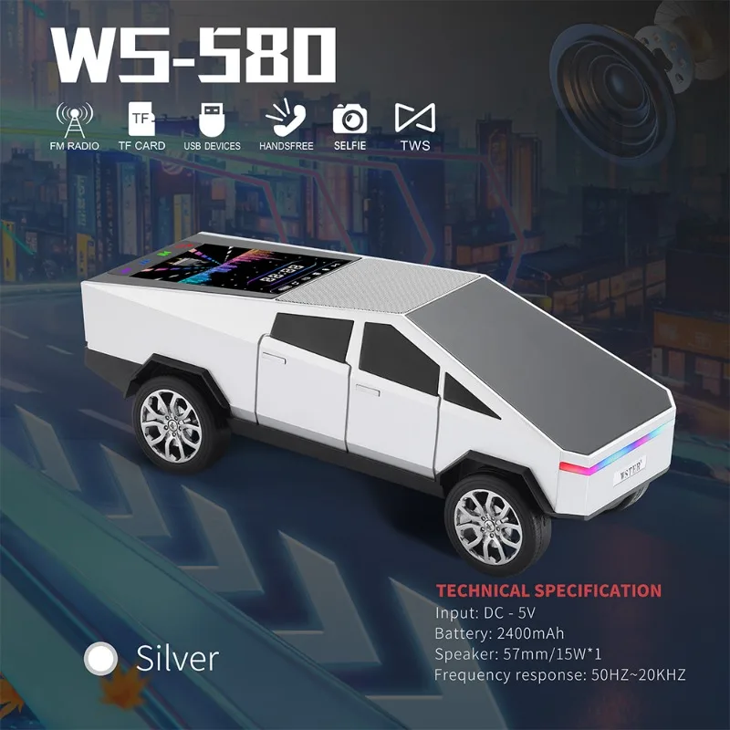 Car Accessories Amazon - WS-580 ลําโพงไร้สายบลูทูธรถรูปพร้อมจอแสดงผลไฮไฟสเตอริโอเดสก์ท็อปคอมพิวเตอร์ Boombox TF USB TWS
