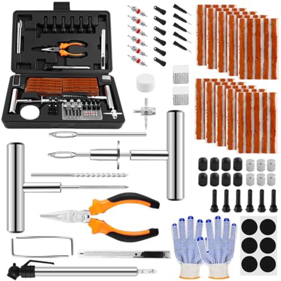 Car Emergency Tool Kit - ชุดซ่อมยางสแตนเลสแข็งแรงทนทาน - ชุดเครื่องมือซ่อมยาง 110 ชิ้น พร้อมจุกปะยางสำหรับกรณีฉุกเฉิน